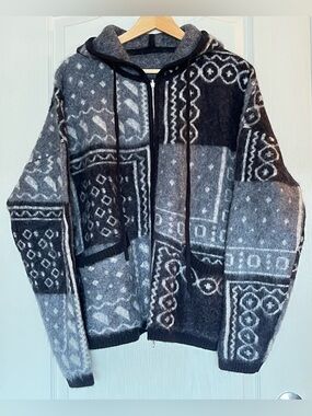 100% Sheep Wool Bandana Patchwork Oversized Zip Hoodie S/EU 38 Art to Wear
